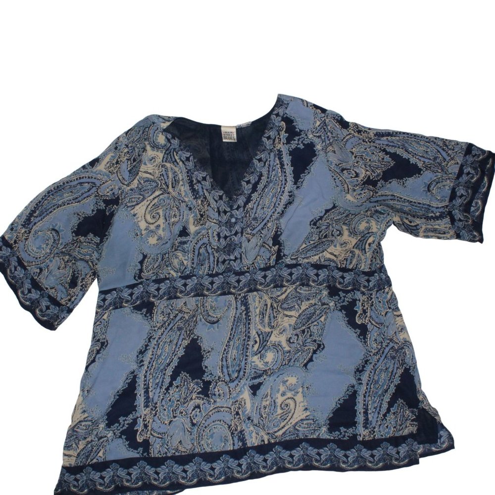 Main Street Blues Womens Plus 32W Blue Multicolored 3/4 Sleeve Tunic Blouse Top